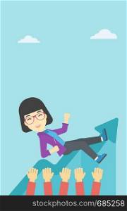 An asian young business woman get thrown into the air by coworkers during celebration. Successful business concept. Vector flat design illustration. Vertical layout.. Woman with arrows poinded to her head.