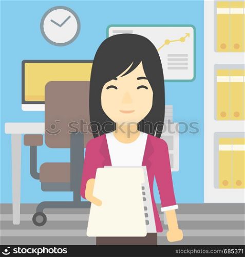 An asian young business woman giving a resume in office. Woman giving to the employer her curriculum vitae. Job interview concept. Vector flat design illustration. Square layout.. Woman giving resume vector illustration.