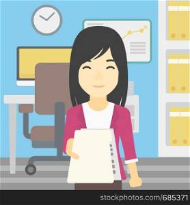 An asian young business woman giving a resume in office. Woman giving to the employer her curriculum vitae. Job interview concept. Vector flat design illustration. Square layout.. Woman giving resume vector illustration.