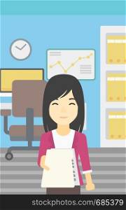 An asian young business woman giving a resume in office. Woman giving to the employer her curriculum vitae. Job interview concept. Vector flat design illustration. Vertical layout.. Woman giving resume vector illustration.
