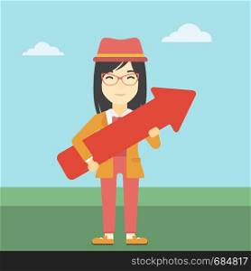 An asian young business woman holding a big arrow in hands. Successful business concept. Vector flat design illustration. Square layout.. Business woman with arrow up vector illustration.