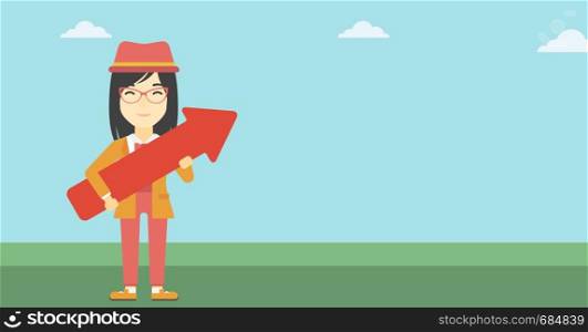 An asian young business woman holding a big arrow in hands. Successful business concept. Vector flat design illustration. Horizontal layout.. Business woman with arrow up vector illustration.