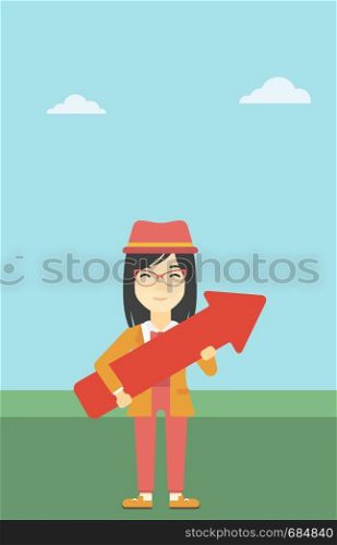 An asian young business woman holding a big arrow in hands. Successful business concept. Vector flat design illustration. Vertical layout.. Business woman with arrow up vector illustration.