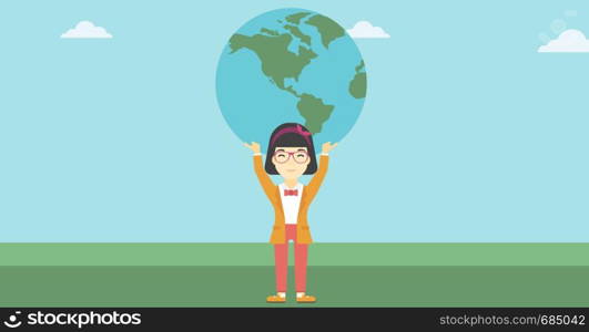 An asian young business woman holding a big Earth globe over her head. Concept of global business. Vector flat design illustration. Horizontal layout.. Business woman holding Earth globe.