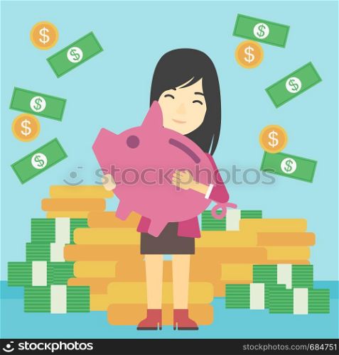 An asian young business woman holding a big piggy bank in hands under money rain on the background of stacks of golden coins. Vector flat design illustration. Square layout.. Business woman with piggy bank vector illustration