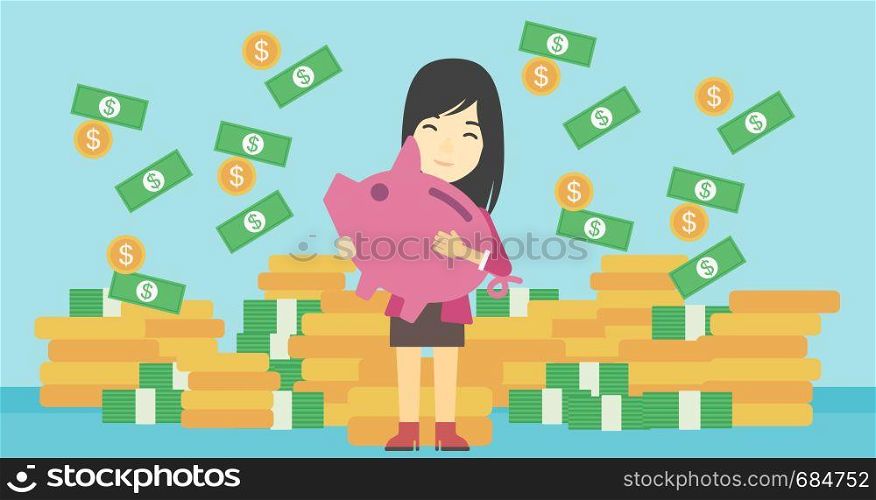 An asian young business woman holding a big piggy bank in hands under money rain on the background of stacks of golden coins. Vector flat design illustration. Horizontal layout.. Business woman with piggy bank vector illustration