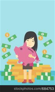 An asian young business woman holding a big piggy bank in hands under money rain on the background of stacks of golden coins. Vector flat design illustration. Vertical layout.. Business woman with piggy bank vector illustration