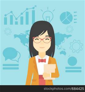 An asian young business woman holding a file in hand while standing with growing chart and a map on a background. Vector flat design illustration. Square layout.. Successful business woman vector illustration.