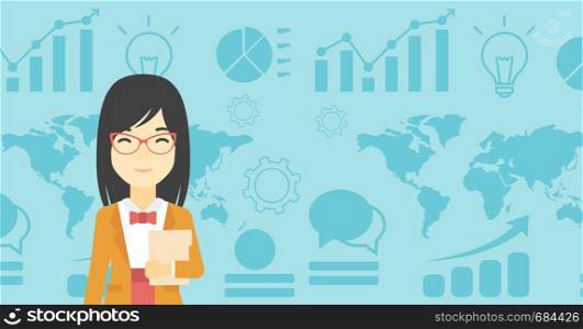 An asian young business woman holding a file in hand while standing with growing chart and a map on a background. Vector flat design illustration. Horizontal layout.. Successful business woman vector illustration.