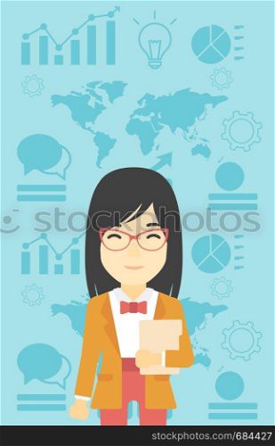 An asian young business woman holding a file in hand while standing with growing chart and a map on a background. Vector flat design illustration. Vertical layout.. Successful business woman vector illustration.