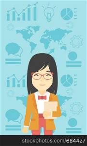 An asian young business woman holding a file in hand while standing with growing chart and a map on a background. Vector flat design illustration. Vertical layout.. Successful business woman vector illustration.