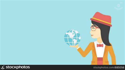 An asian young business woman holding Earth globe in hand. Concept of global business. Vector flat design illustration. Horizontal layout.. Business woman holding Earth globe.