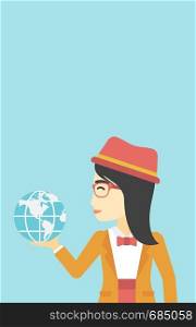 An asian young business woman holding Earth globe in hand. Concept of global business. Vector flat design illustration. Vertical layout.. Business woman holding Earth globe.