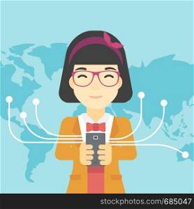 An asian young business woman holding smartphone connected with the whole world. Concept of global business. Vector flat design illustration. Square layout.. Business woman using smartphone.