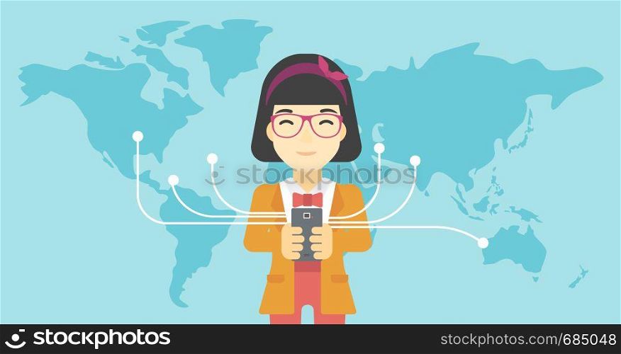 An asian young business woman holding smartphone connected with the whole world. Concept of global business. Vector flat design illustration. Horizontal layout.. Business woman using smartphone.