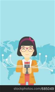 An asian young business woman holding smartphone connected with the whole world. Concept of global business. Vector flat design illustration. Vertical layout.. Business woman using smartphone.