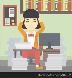 An asian young business woman in despair sitting at workplace with heaps of papers and clutching her head. Vector flat design illustration. Square layout.. Business woman in despair sitting in office.