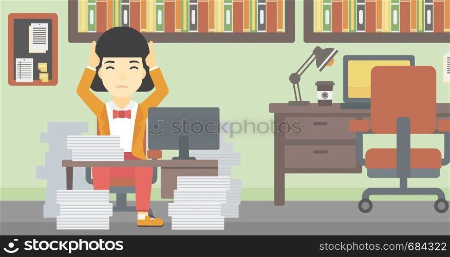 An asian young business woman in despair sitting at workplace with heaps of papers and clutching her head. Vector flat design illustration. Horizontal layout.. Business woman in despair sitting in office.