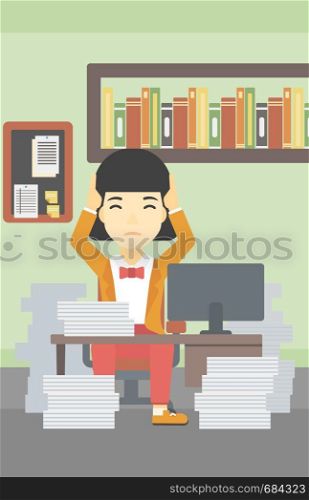 An asian young business woman in despair sitting at workplace with heaps of papers and clutching her head. Vector flat design illustration. Vertical layout.. Business woman in despair sitting in office.
