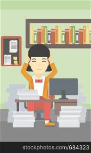 An asian young business woman in despair sitting at workplace with heaps of papers and clutching her head. Vector flat design illustration. Vertical layout.. Business woman in despair sitting in office.
