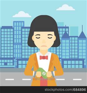 An asian young business woman in handcuffs with money in hands on the background of modern city. Business woman handcuffed for crime. Vector flat design illustration. Square layout.. Business woman handcuffed for crime.