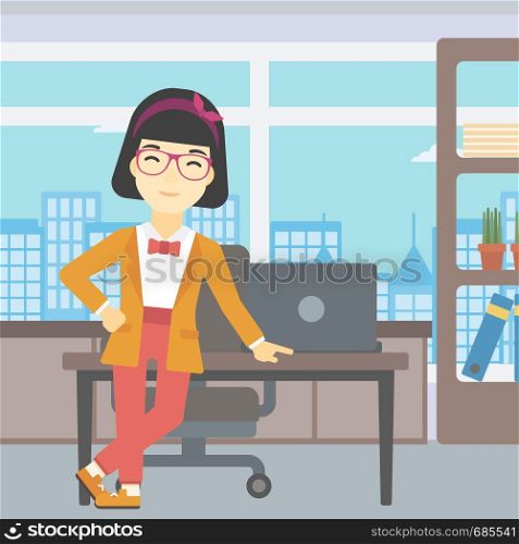 An asian young business woman leaning on a table in the office. Young smiling business woman standing in the office. Vector flat design illustration. Square layout.. Business woman standing in the office.