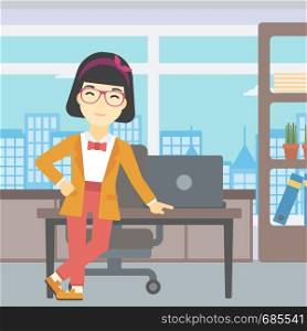 An asian young business woman leaning on a table in the office. Young smiling business woman standing in the office. Vector flat design illustration. Square layout.. Business woman standing in the office.