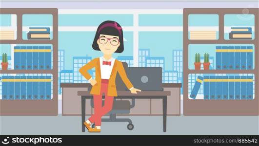An asian young business woman leaning on a table in the office. Young smiling business woman standing in the office. Vector flat design illustration. Horizontal layout.. Business woman standing in the office.