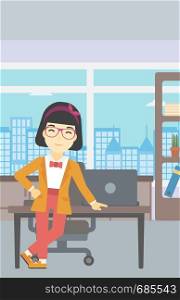 An asian young business woman leaning on a table in the office. Young smiling business woman standing in the office. Vector flat design illustration. Vertical layout.. Business woman standing in the office.