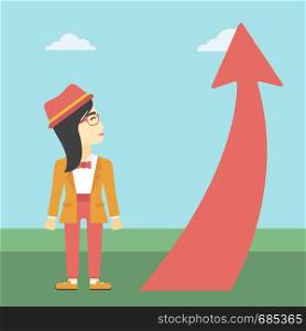 An asian young business woman looking at a red arrow going up. Successful business concept. Vector flat design illustration. Square layout.. Business woman looking at arrow going up.