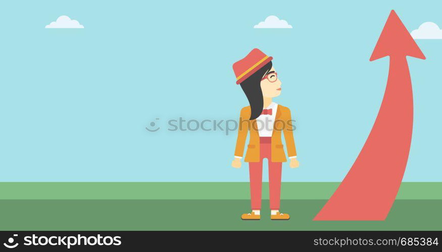 An asian young business woman looking at a red arrow going up. Successful business concept. Vector flat design illustration. Horizontal layout.. Business woman looking at arrow going up.