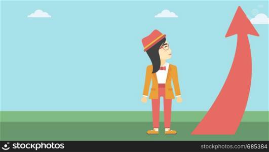 An asian young business woman looking at a red arrow going up. Successful business concept. Vector flat design illustration. Horizontal layout.. Business woman looking at arrow going up.