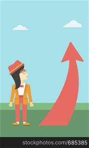 An asian young business woman looking at a red arrow going up. Successful business concept. Vector flat design illustration. Vertical layout.. Business woman looking at arrow going up.