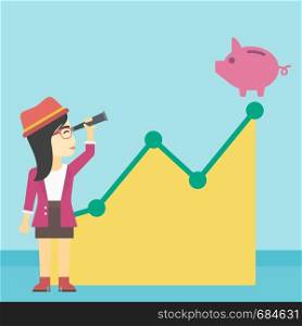An asian young business woman looking through spyglass at a piggy bank standing at the top of growth graph. Vector flat design illustration. Square layout.. Business woman looking at piggy bank.