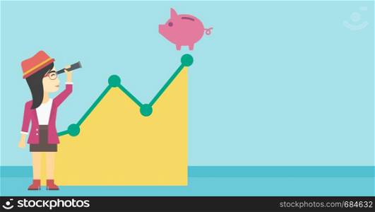 An asian young business woman looking through spyglass at a piggy bank standing at the top of growth graph. Vector flat design illustration. Horizontal layout.. Business woman looking at piggy bank.