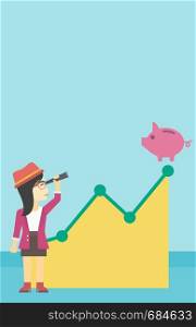 An asian young business woman looking through spyglass at a piggy bank standing at the top of growth graph. Vector flat design illustration. Vertical layout.. Business woman looking at piggy bank.