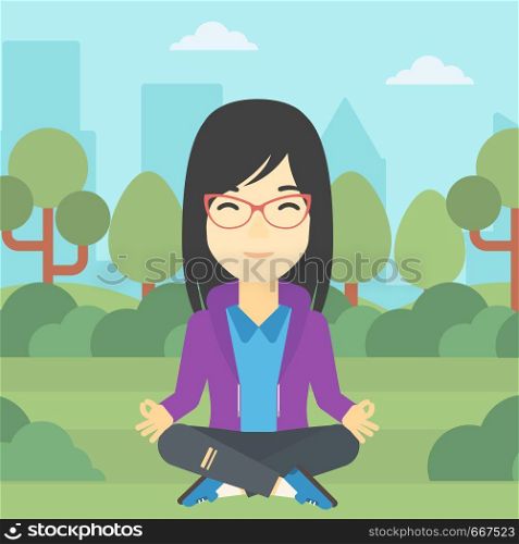 An asian young business woman meditating in yoga lotus position outdoor. Business woman relaxing in the park in the lotus position. Vector flat design illustration. Square layout.. Business woman meditating in lotus position.