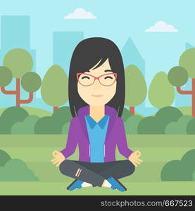 An asian young business woman meditating in yoga lotus position outdoor. Business woman relaxing in the park in the lotus position. Vector flat design illustration. Square layout.. Business woman meditating in lotus position.