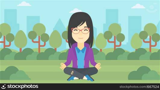 An asian young business woman meditating in yoga lotus position outdoor. Business woman relaxing in the park in the lotus position. Vector flat design illustration. Horizontal layout. Business woman meditating in lotus position.