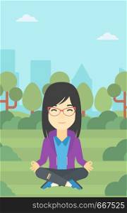 An asian young business woman meditating in yoga lotus position outdoor. Business woman relaxing in the park in the lotus position. Vector flat design illustration. Vertical layout.. Business woman meditating in lotus position.