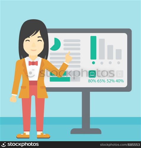 An asian young business woman pointing at charts on a board during business presentation. Business woman giving a business presentation. Vector flat design illustration. Square layout.. Businesswoman making business presentation.