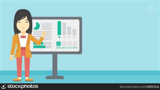 An asian young business woman pointing at charts on a board during business presentation. Business woman giving a business presentation. Vector flat design illustration. Horizontal layout.. Businesswoman making business presentation.