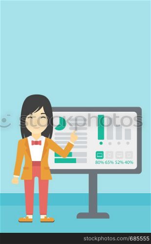 An asian young business woman pointing at charts on a board during business presentation. Business woman giving a business presentation. Vector flat design illustration. Vertical layout.. Businesswoman making business presentation.