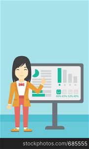 An asian young business woman pointing at charts on a board during business presentation. Business woman giving a business presentation. Vector flat design illustration. Vertical layout.. Businesswoman making business presentation.