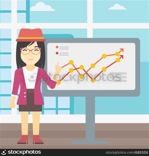 An asian young business woman pointing at charts on a board during business presentation. Smiling business woman giving a business presentation. Vector flat design illustration. Square layout.. Businesswoman making business presentation.