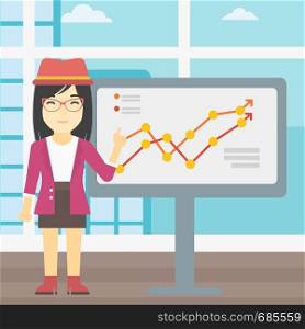 An asian young business woman pointing at charts on a board during business presentation. Smiling business woman giving a business presentation. Vector flat design illustration. Square layout.. Businesswoman making business presentation.