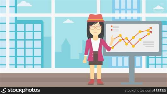 An asian young business woman pointing at charts on a board during business presentation. Smiling business woman giving a business presentation. Vector flat design illustration. Horizontal layout.. Businesswoman making business presentation.