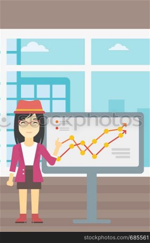 An asian young business woman pointing at charts on a board during business presentation. Smiling business woman giving a business presentation. Vector flat design illustration. Vertical layout.. Businesswoman making business presentation.