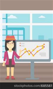 An asian young business woman pointing at charts on a board during business presentation. Smiling business woman giving a business presentation. Vector flat design illustration. Vertical layout.. Businesswoman making business presentation.