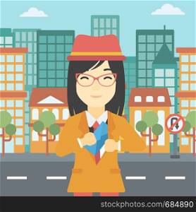 An asian young business woman putting an envelope in her pocket on a city background. Vector flat design illustration. Square layout.. Woman putting envelope in pocket.